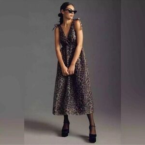 Daniel Rainn Anthropologie V-Neck Animal Print Organza Midi Dress Size XS